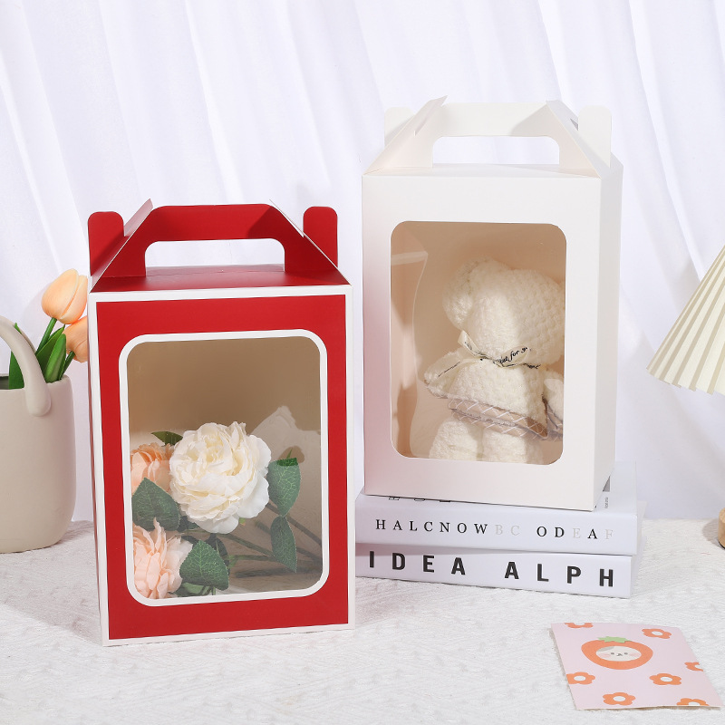 Medium-sized simple gift box, flower gift box, creative doll packaging, hand-held gift bag, transparent windowed gift box details Picture