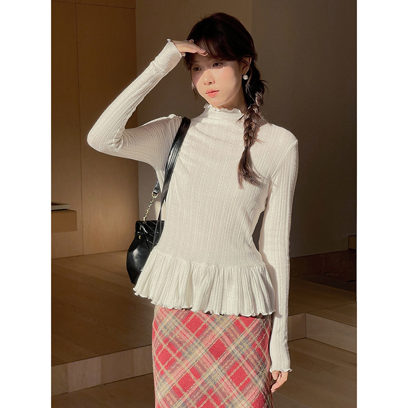 【 Ballet Base Layer 】 A retro ruffled semi-high-neck knitted top from Ge Ming is paired with a long-sleeved base layer Y2729F