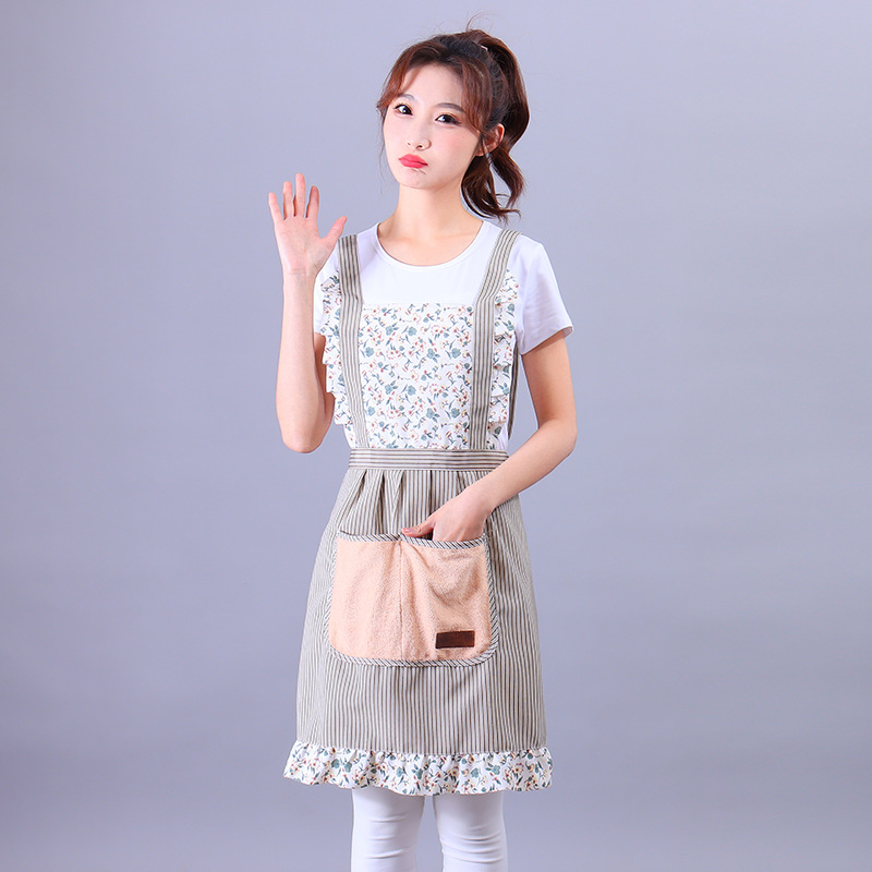 Fashion Floral Strap Apron Home Kitchen Adult Cooking Apron Large Pocket Hand Wipes Anti-Oil Apron details Picture