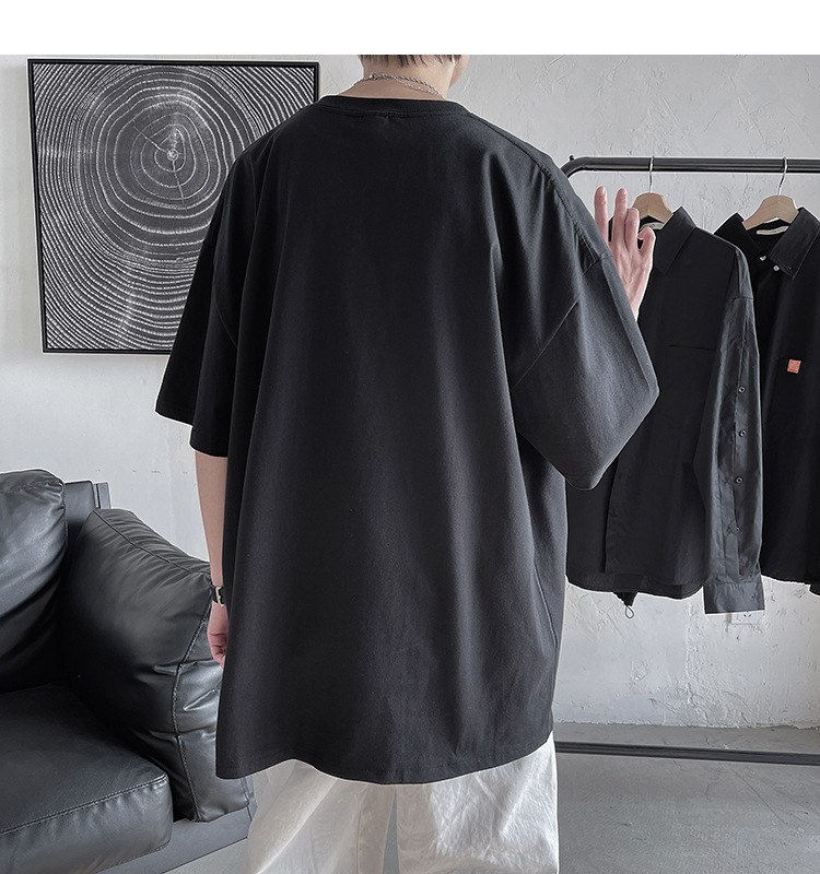 This is a new men's summer short-sleeved base layer with solid color cotton and a loose Korean-style off-the-shoulder casual T-shirt Specification image