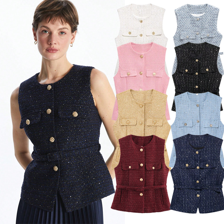 Spring new European and American style women's clothing wholesale for foreign trade, metal buckle and belt, punk texture round neck vest