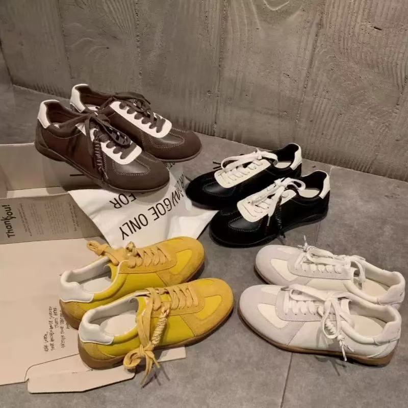 葡萄妈同款系带拼色圆头百搭舒适休闲真皮板鞋增高德训鞋女小白鞋