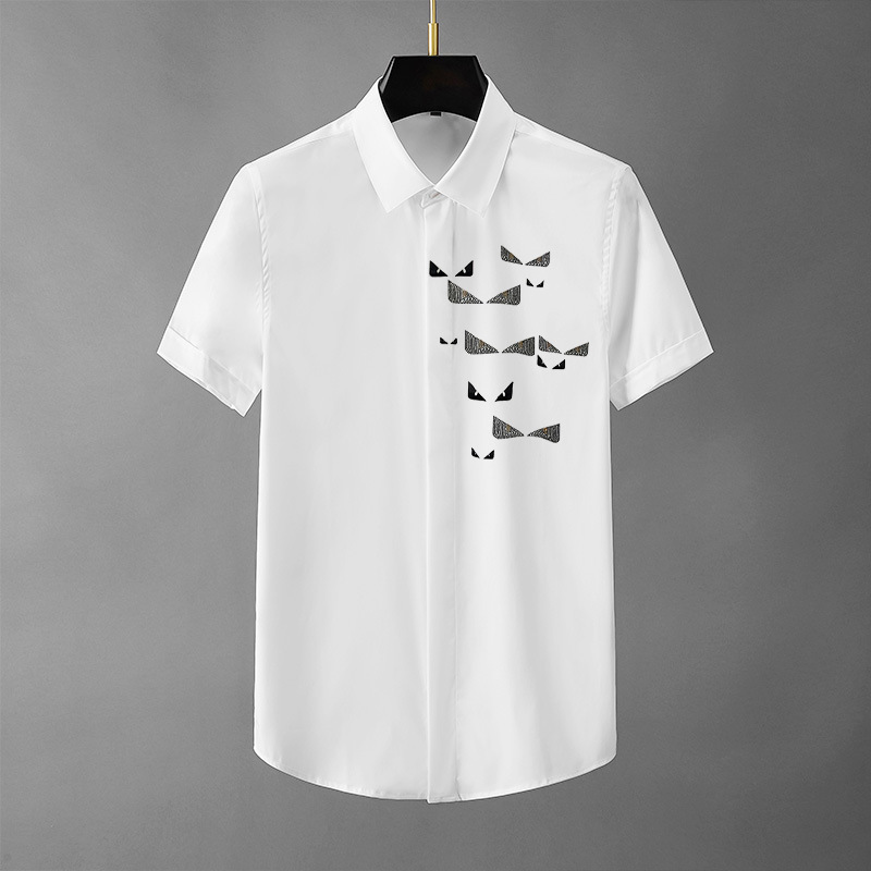欧洲站刺绣白衬衫男士修身帅痞潮流轻奢高级感工装商务短袖衬衣