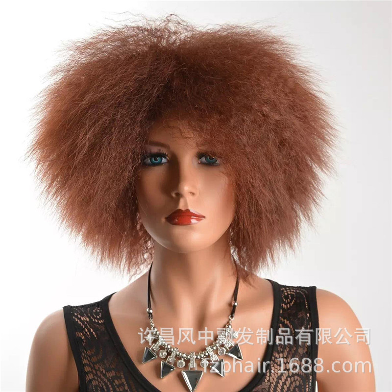 非洲毛毛虫假发 男女通用黑色棕色酒红短发化纤发爆炸头Afro Wigs详情图3