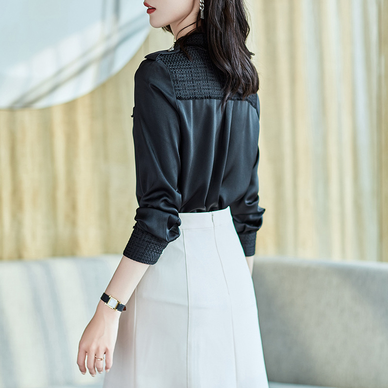 Source Factory 2023 Spring New Style Shirt, Women's long-sleeved loose chiffon shirt, black women's shirt A2679 details Picture