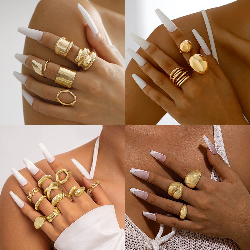 European and American jewelry geometric metal style lava line ring four-piece set, irregular smooth open ring set
