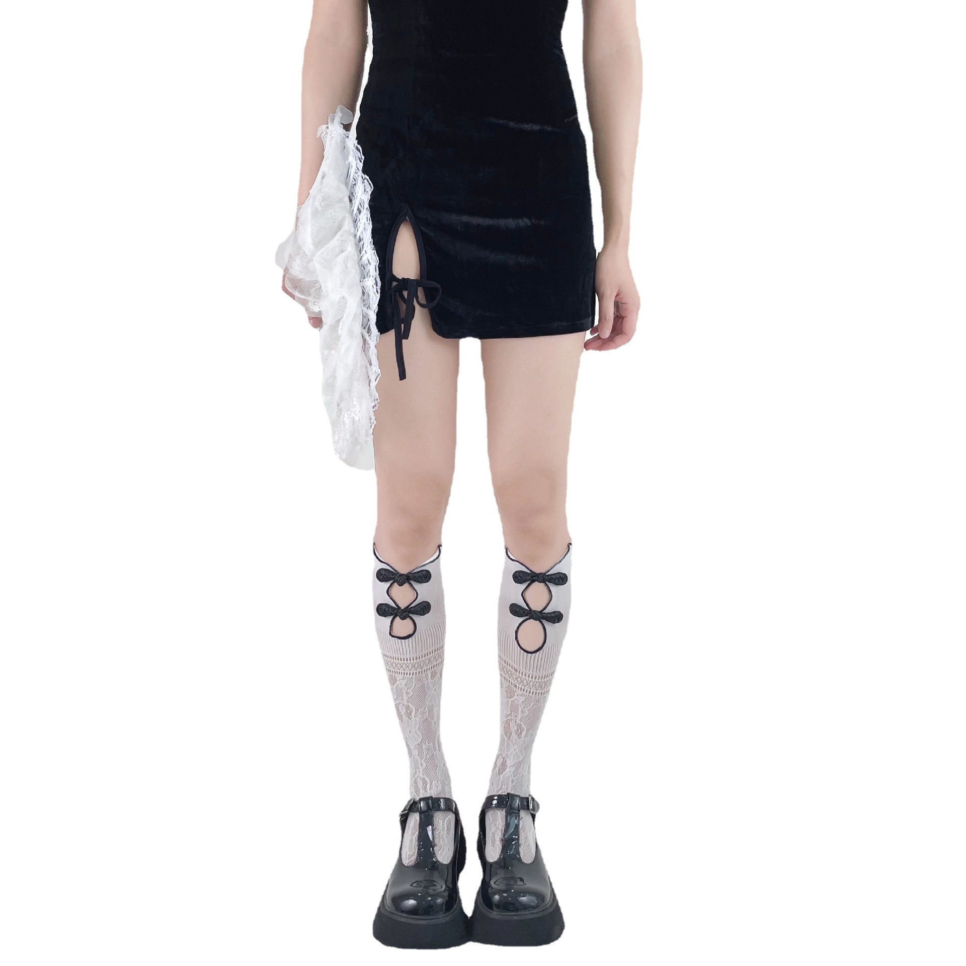 New Chinese style, sweet and cool, dark girl, national trend, pipa, button-up, hollowed-out black fungus edge, fishing net socks, calf socks Item Picture