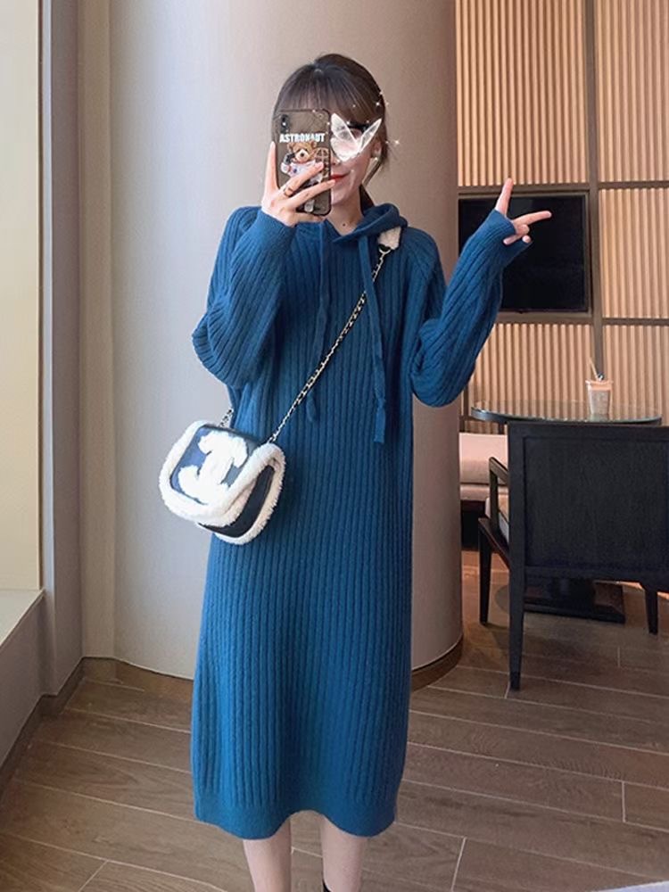 2022秋冬新品韩版气质通勤女士中长款宽松显瘦连帽抽绳针织连衣裙