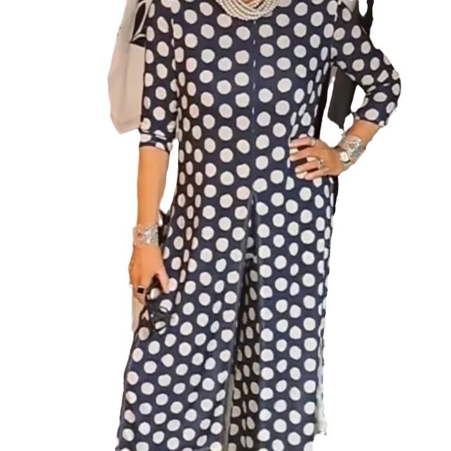 2024 Cross-border Amazon New trendy round-neck long-sleeved split polka dot long pants casual suit for women Item Picture