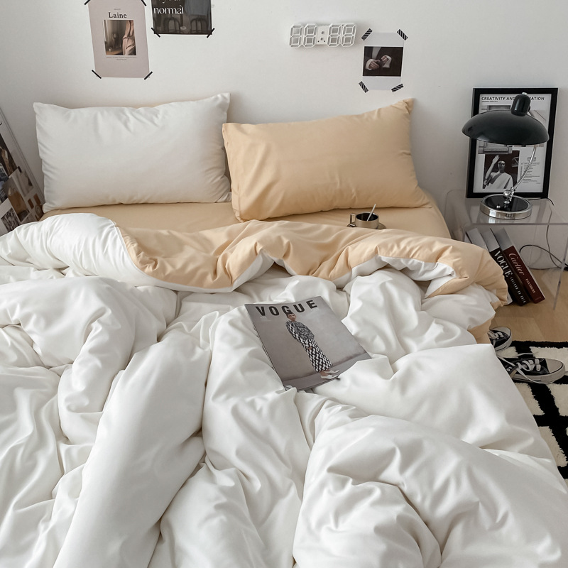 Solid color two-piece washed cotton four-piece set, student dormitory three-piece set, pure cotton bed sheet, quilt cover, bed hat style bedding Application Scenario