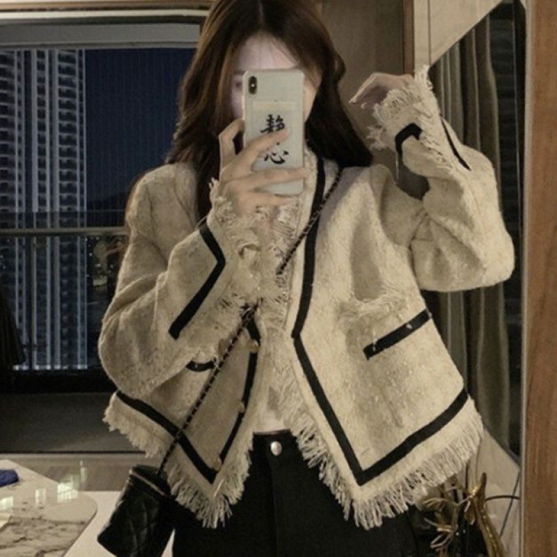 Large Size Sweet Korean Version Of The New Color Contrast Braided Fringe Design Sense Of Small Fragrance Style Long Sleeve Blouse Female Coat Application Scenario