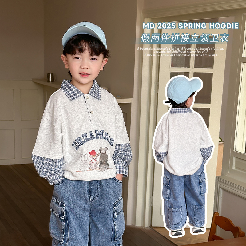 儿童卫衣2025年格子拼接翻领假两件卫衣男童polo衫春款上衣宝宝