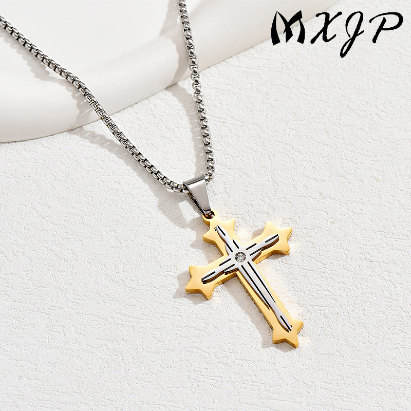 欧美跨境钛钢十字架吊坠个性街头嘻哈SHEIN不锈钢小众古巴链项链