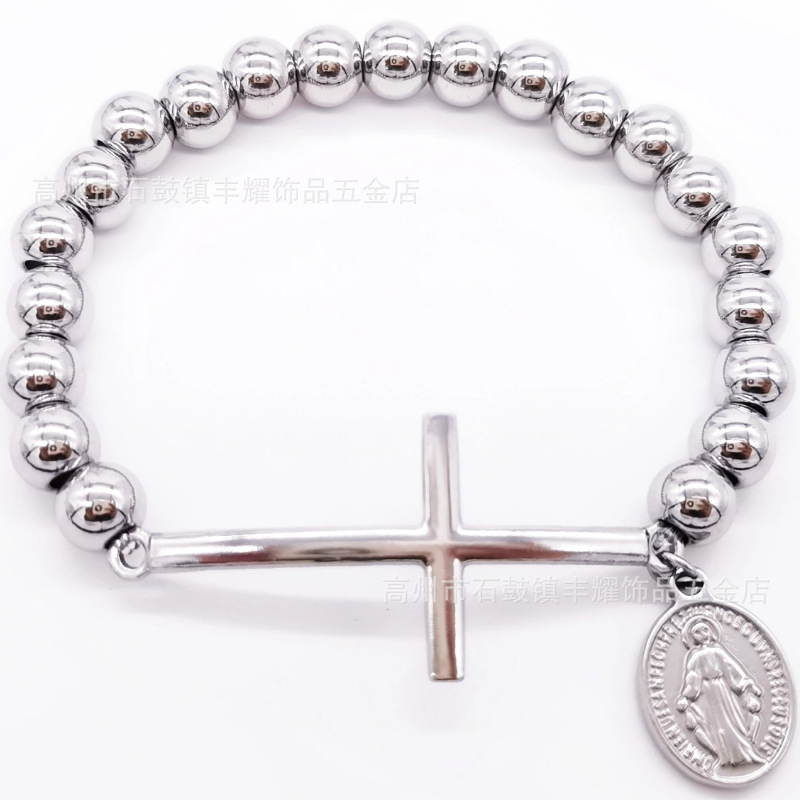 跨境热卖8mm不锈钢串珠加十字架弯牌手链圆珠手链diy弹力绳手链详情32