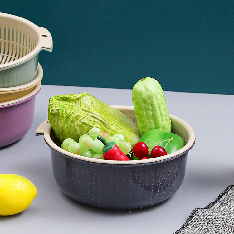Can Print Logo Six-Piece Thickened Double-Layer Round Drain Basket Washing Basket Kitchen Washing Vegetables Washing Rice Basket Wholesale details Picture