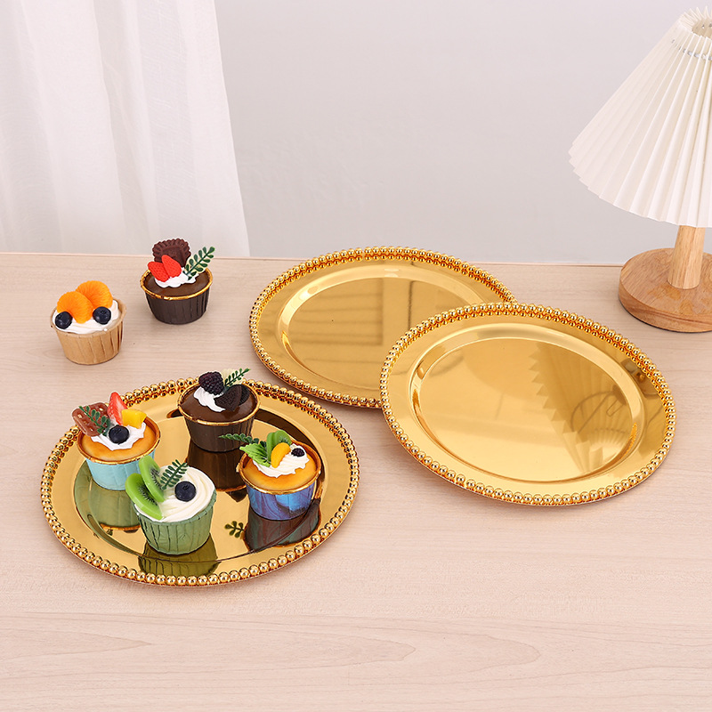 European High-End Metal Bead Point Cake Plate Home Creative Fruit Plate Round Dessert Plate Afternoon Tea Dessert Table