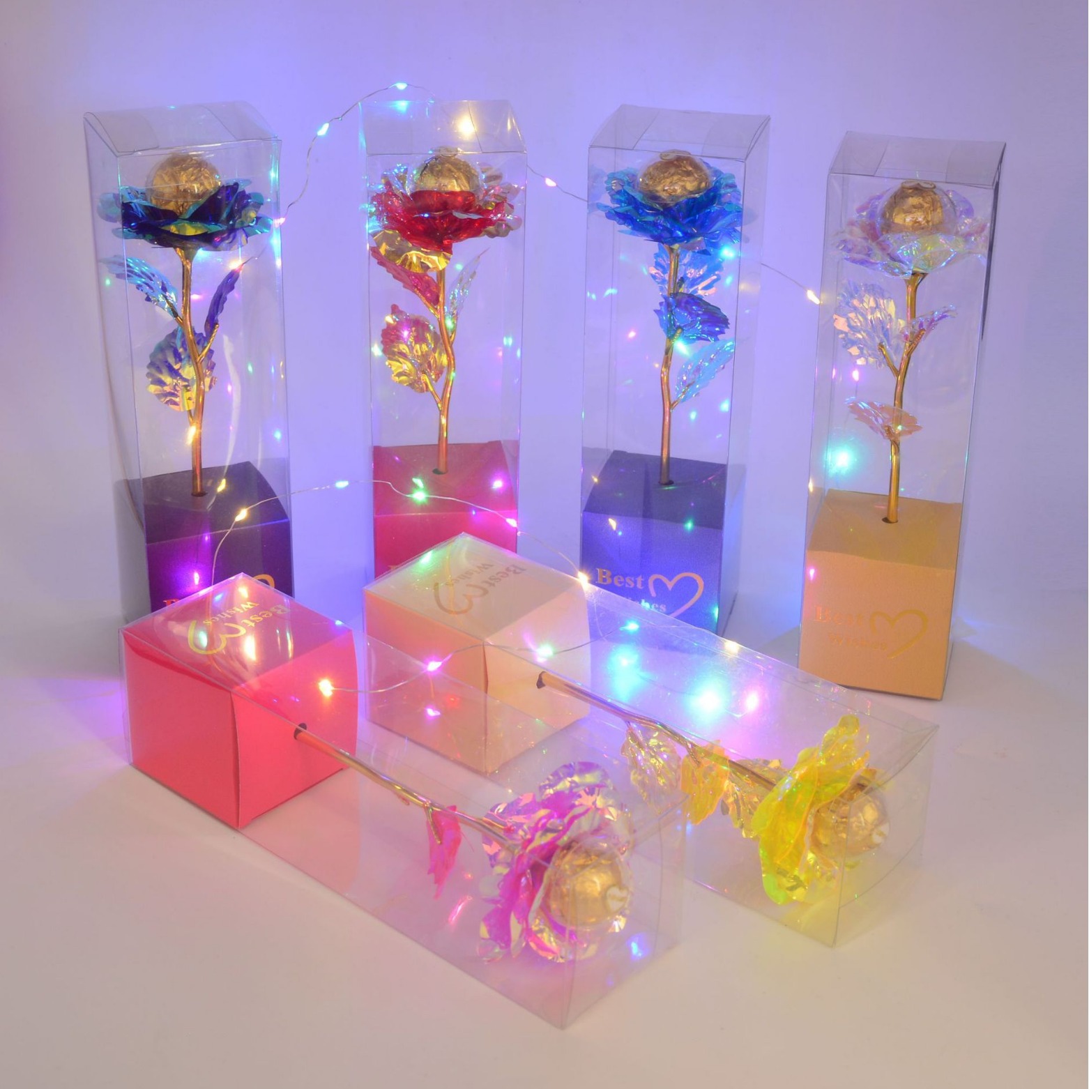 情人节女神节彩虹玫瑰花PVC盒装创意棒棒糖花束巧克力糖果零食