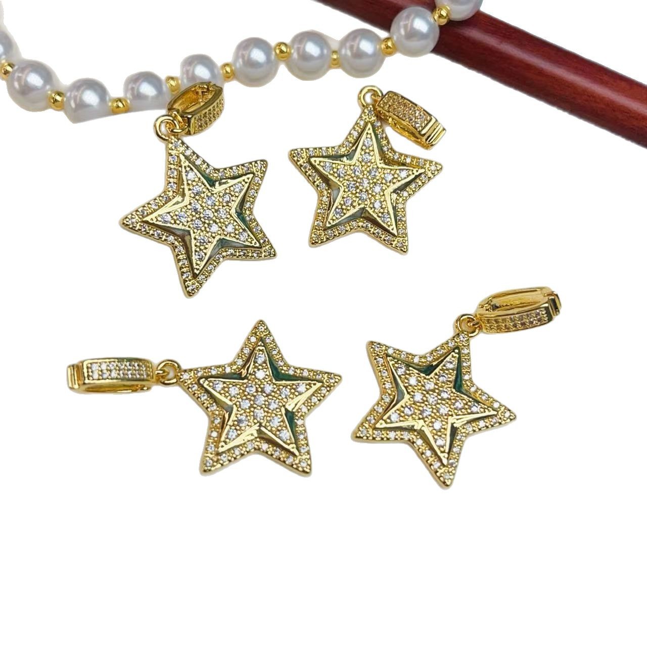 Copper-plated real gold, slightly inlaid zircon five-pointed star, all-purpose pearl bracelet, necklace, versatile pendant accessory Item Picture