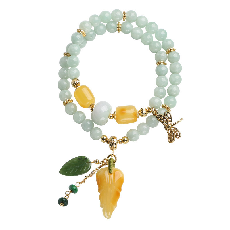 Natural double-layer jade bracelet, beeswax jade mixed and matched multi-circle bracelet, hanging jade leaf dragonfly women's style, sent on behalf Item Picture