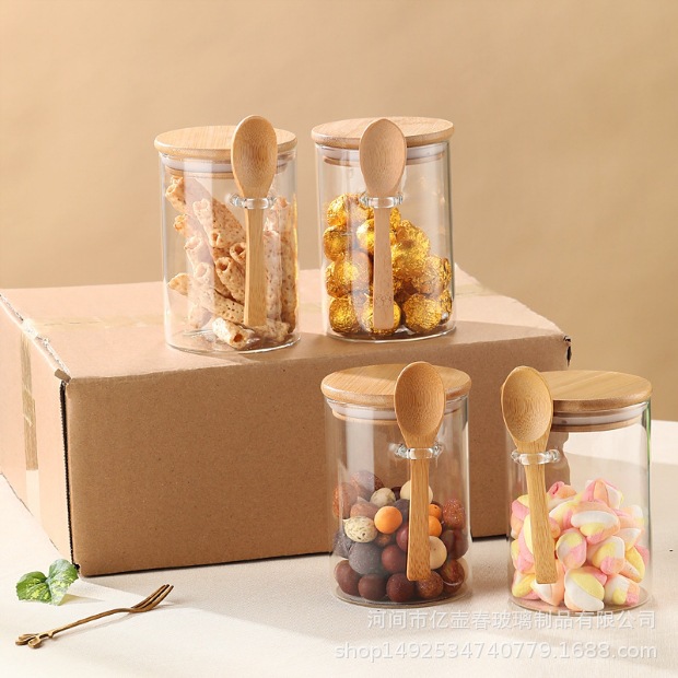 Wholesale round glass sealed storage jars with bamboo and wood LIDS, glass jars with spoons, kitchen storage jars for grains and dried fruits, household use details Picture
