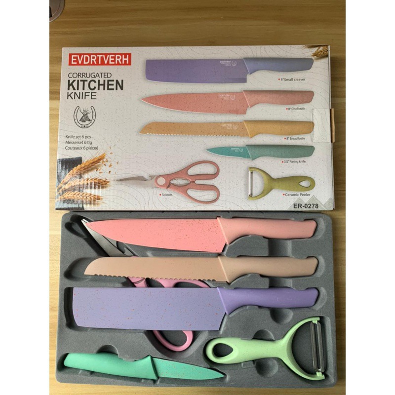 Wheat straw six-piece set of knives, stainless steel kitchen knives, complete set of colored macarons, Western kitchen knives, chef knives and kitchen knives Specification image