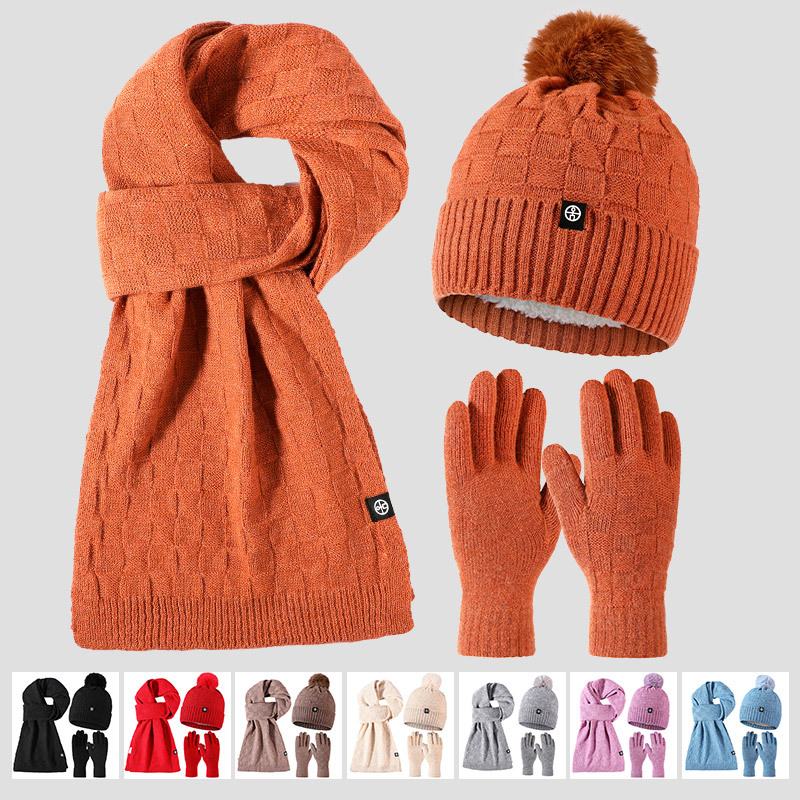 Cross-Border Foreign Trade High-Grade Wool Knitted Hat Scarf Gloves Warm Plaid Three-Piece Set Autumn And Winter Application Scenario