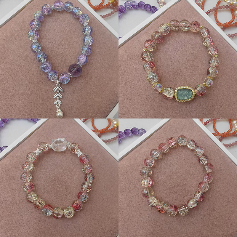 新款小清新双色渐变冰裂玉碎手串水晶爆花珠手链送生日礼物