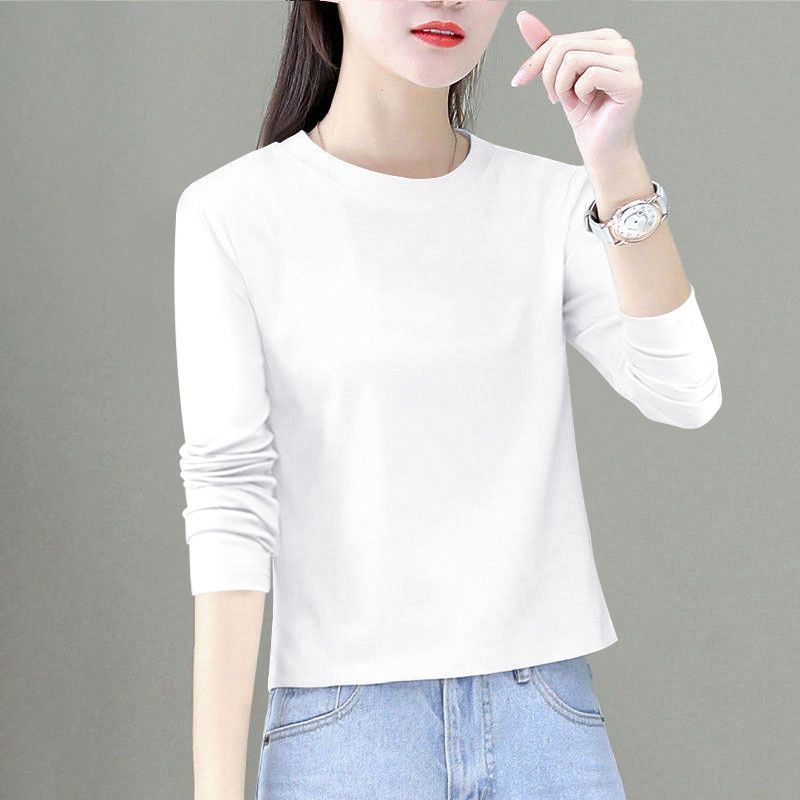 Coffee-colored pure cotton solid-color long-sleeved T-shirt for women, spring and autumn, large size, loose and stylish base layer, short and trendy top for short people details Picture