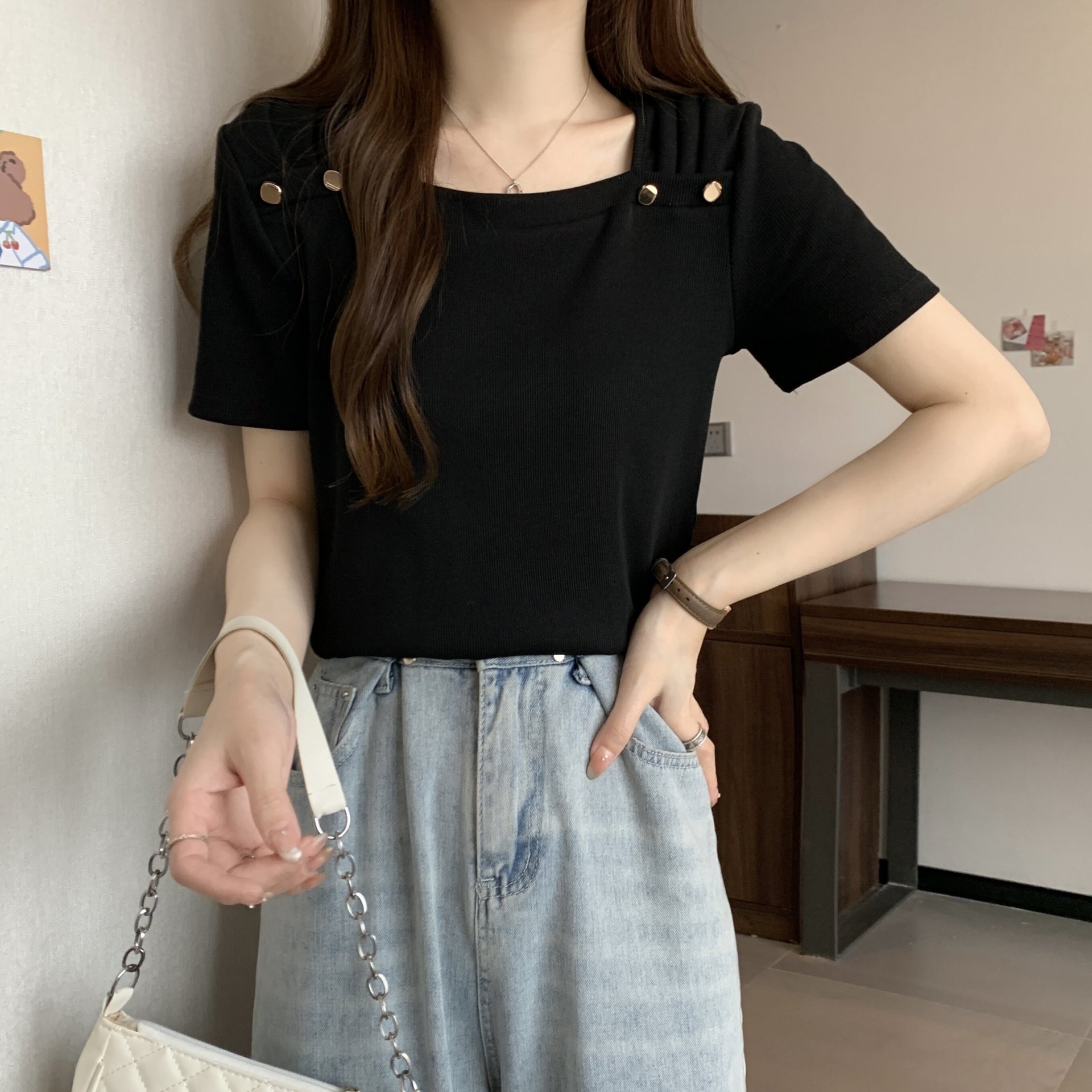 方领正肩短袖t恤女2026年夏季显瘦宽松设计感欧货短袖上衣A11743详情16