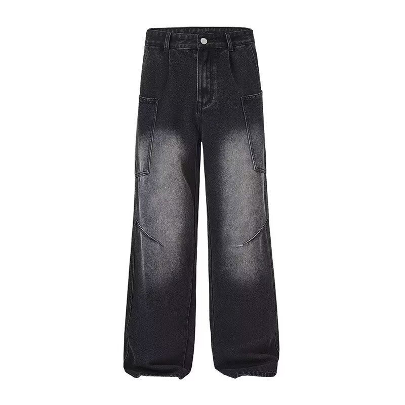 FUIV American retro and nostalgic washed jeans, a men's fashion brand with a loose, fashionable and trendy structure, are floor-length pants Item Picture