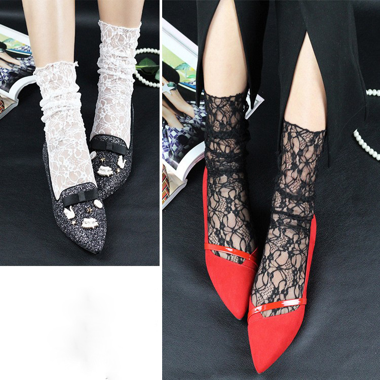 Korean princess socks, thin lace socks, retro cut-out flower net sock sets, mid-calf short socks, women's lace stockings, pile stockings