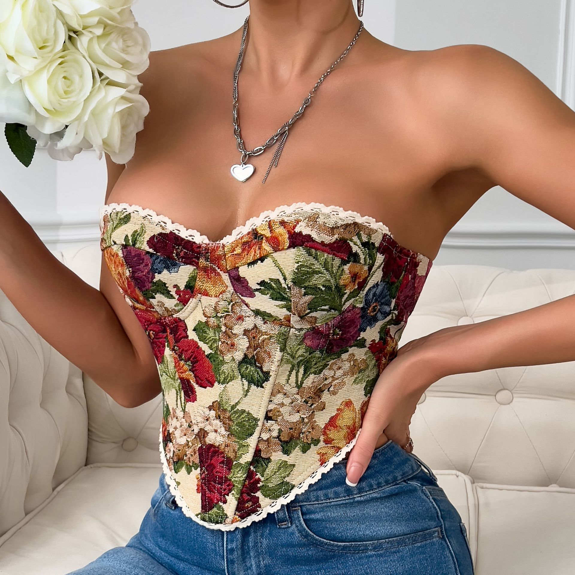 Cross-border foreign trade street retro floral print corsage edge lace-up French niche fishbone vest 70112 Application Scenario