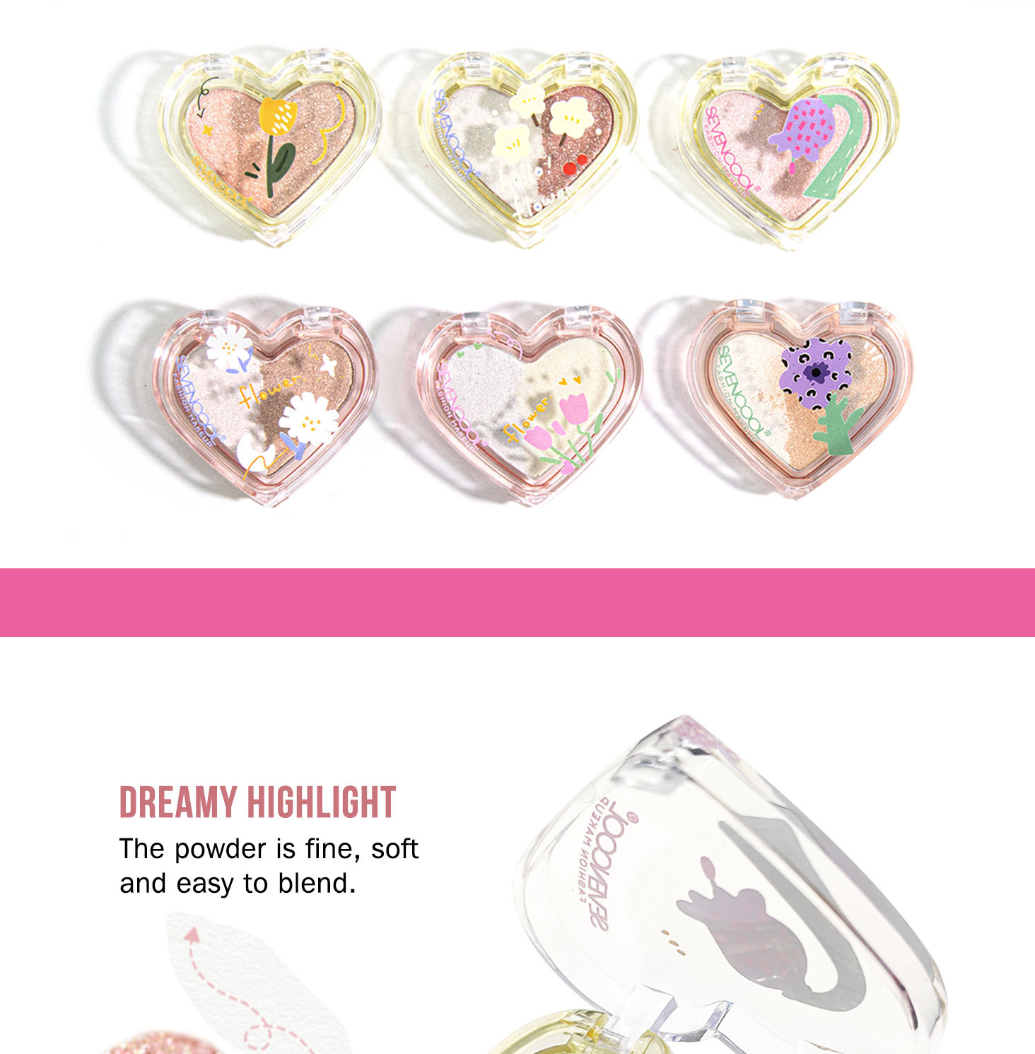 SEVENCOOL Mixed-color Heart-shaped Highlighter Powder, Long-lasting Fine Glitter Contouring Powder, Nose Shadow Brightening and Skin Tone Highlighter and Sparkling Powder pic 4