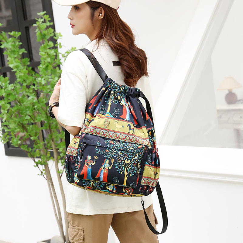National Style Lightweight Nylon Fabric Bunches Backpack Leisure Drawstring Bucket Bundle Pocket National Style Travel Backpack Application Scenario