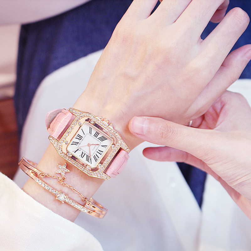 Women's Watch Fashion Square Shell Women's Quartz Watch Square Diamond Belt Small Square Watch Set Watch Specification drawing