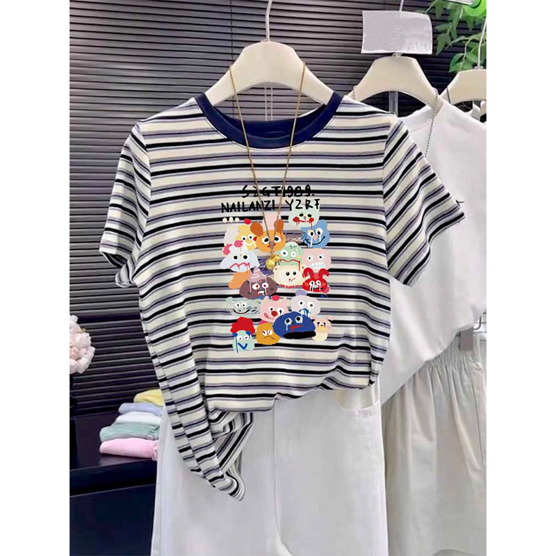 2025 New round-neck pure cotton off-the-shoulder short-sleeved T-shirt for women, fashionable and versatile, slimming striped top base layer for summer Specification image