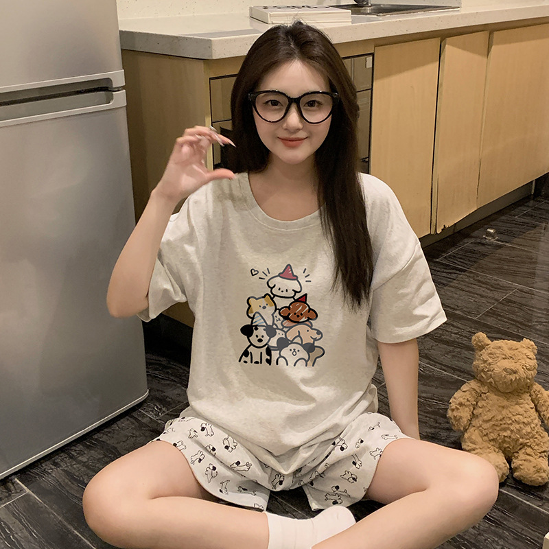 Cute all-cotton pajamas for summer girls, pure cotton thin pullover short-sleeved and short pants cartoon girl home wear set, can be worn outside details Picture