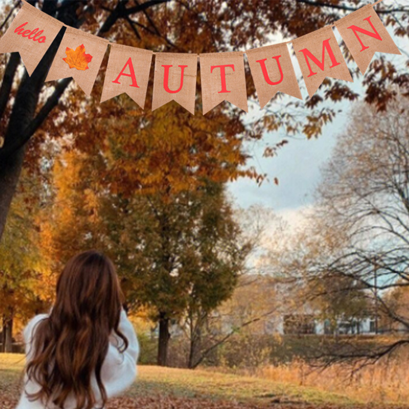 Factory direct supply of AUTUMN colorful flags with Maple Leaf theme HELLO AUTUMN Linen swallow Tail flags details Picture