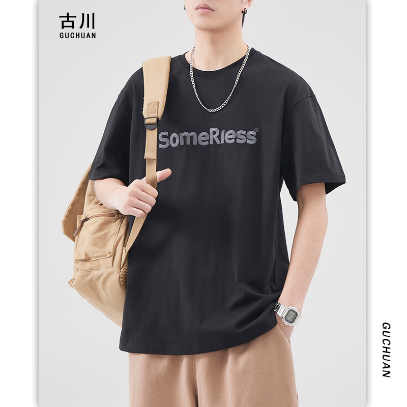 Furukawa Men's Wear: Japanese retro heavyweight letter-embroidered short-sleeved men's and women's summer loose pullover T-shirts