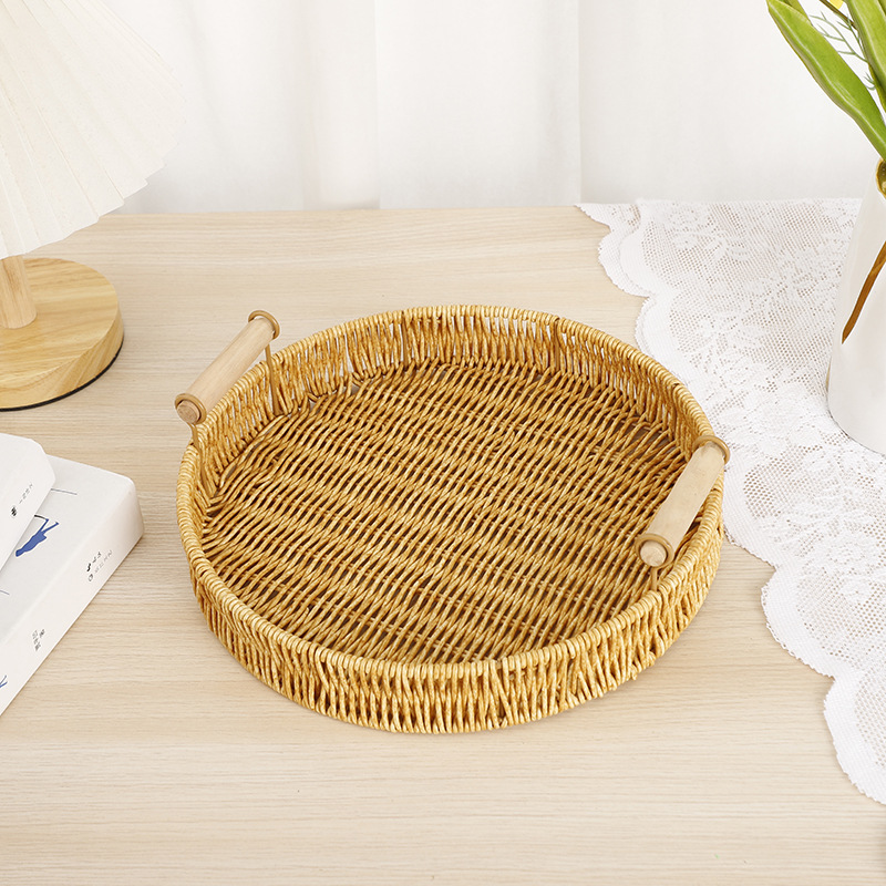 Imitation rattan fruit plate, hand-woven Japanese bread basket, steamed bun basket, living room household storage basket, rattan double-eared tray details Picture