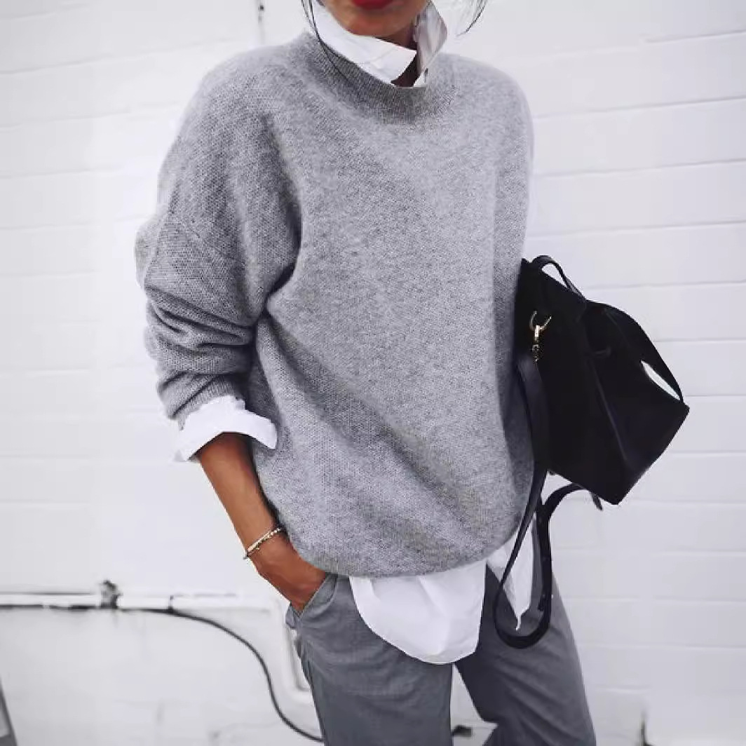 假两件套跨境新款ebay亚马逊wish2023秋冬欧美衬衣领长袖毛衣外详情图5