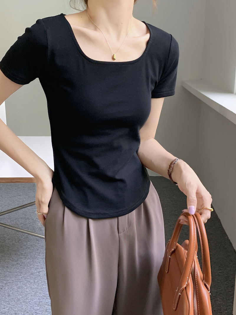 260g甄选纯棉T恤女夏短袖2026新款不规则弧形修身显瘦U领打底上衣详情15