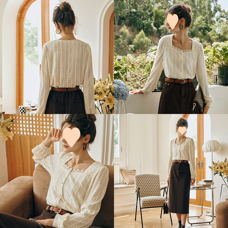 Ourier Cream Apricot Lace Chiffon blouse for Women's Early Autumn 2025 New French brushed square neck mini blouse