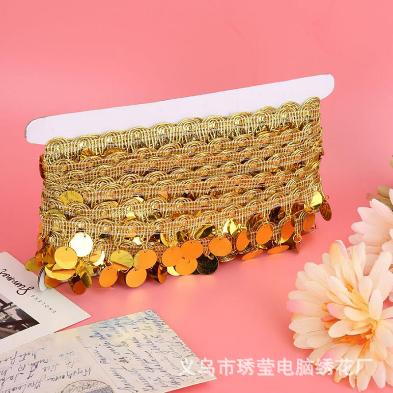 In stock: 3cm laser sequin lace, golden tassel lace, dance costume and accessory lace Specification image