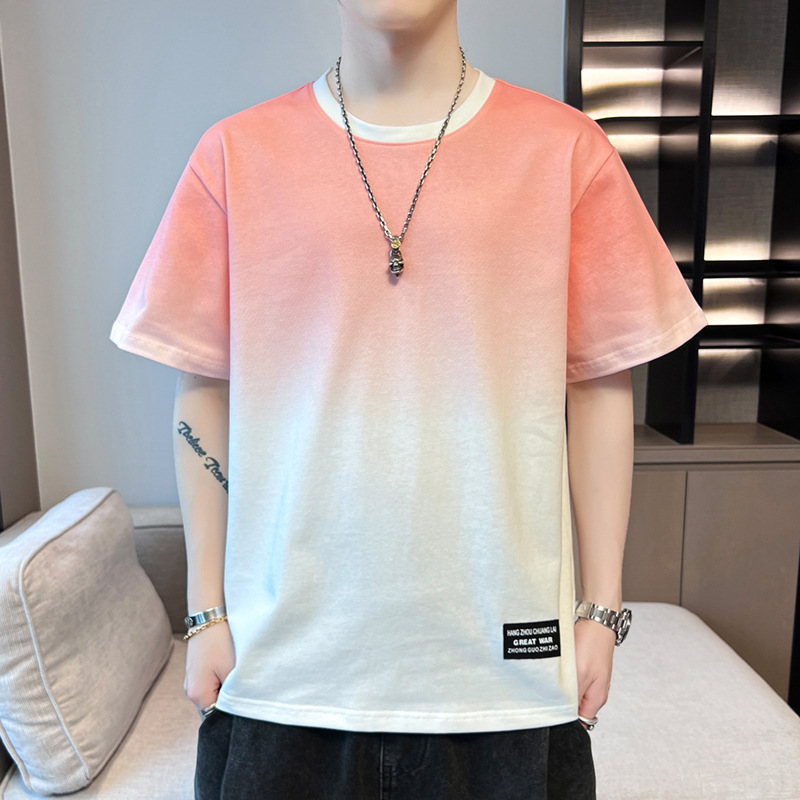 2024 New summer men's trendy loose wear, a student short-sleeved T-shirt and top with a round neck and gradient color, five-quarter sleeves Specification image