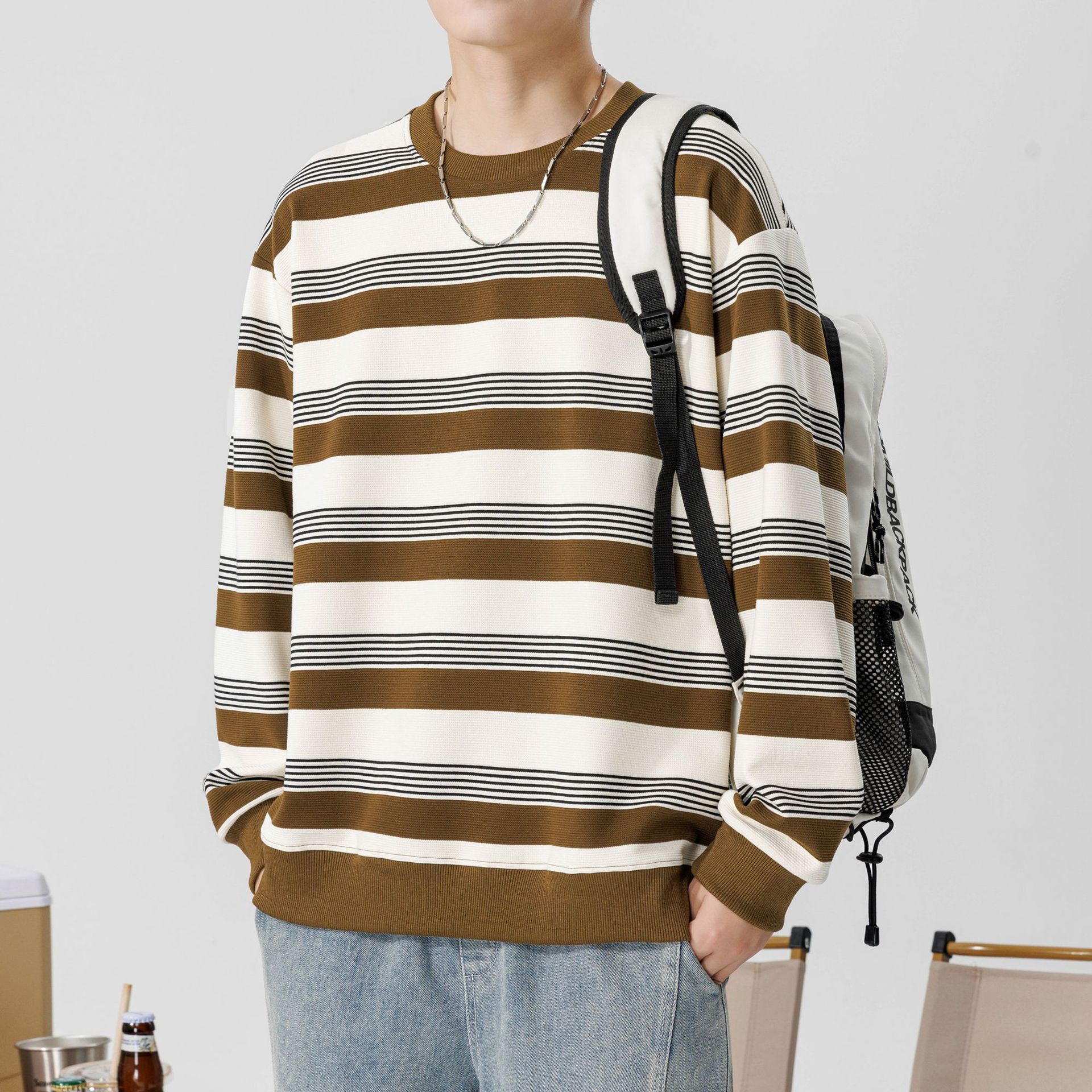 Round-neck striped sweatshirt men's autumn and winter new loose trendy brand men's top couple coat Specification image