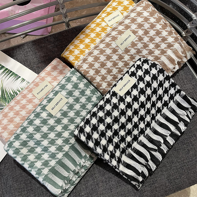 新款时尚拉毛千鸟格子仿羊绒围巾女简约学院风秋冬季保暖披肩两用