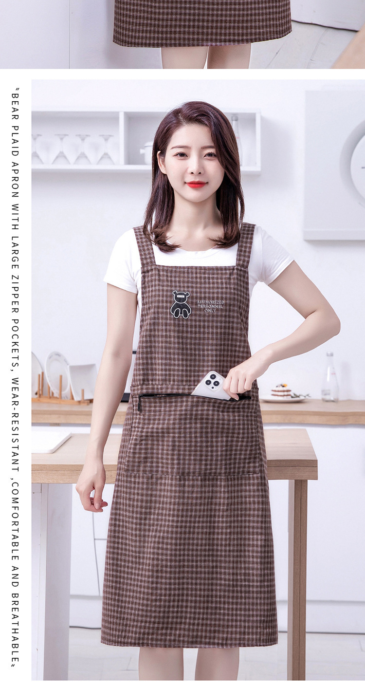 Extended and plump apron, waterproof and oil-proof cotton cartoon bear, stain-resistant checkered kitchen, home and dining room apron work clothes pic 17