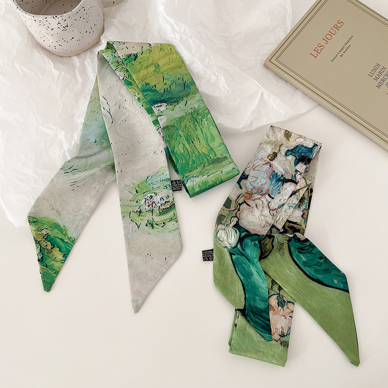 The "National Trend Dark Green" traditional Chinese style oil painting series, with an artistic sense, long and elegant small silk scarf, women's hair band, and spring and autumn decorative neckerchief Specification image
