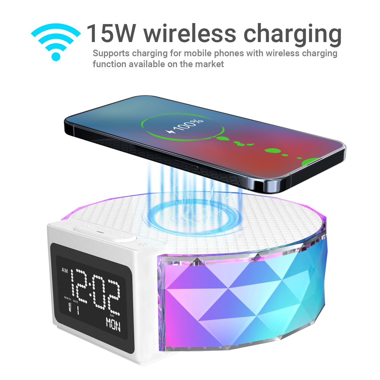 跨境多功能七彩氛围台灯LED护眼15W手机充电显示屏万年历闹铃夜灯